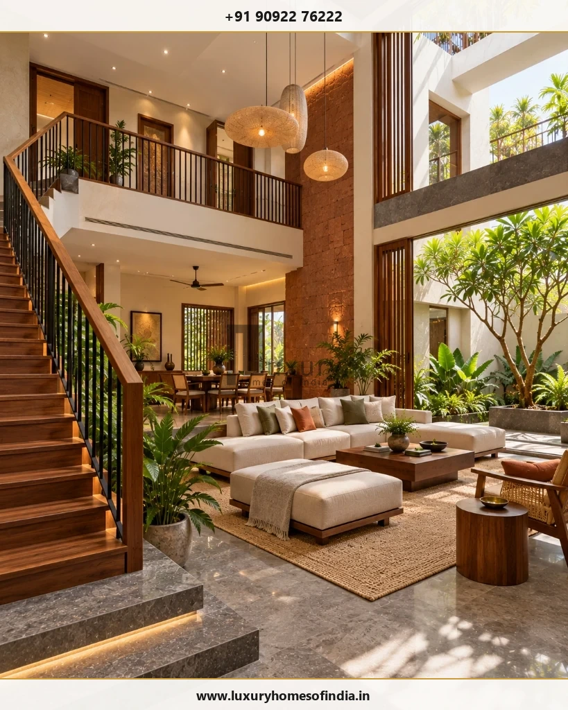 Double-height living room with a visible teak staircase, adjoining dining area, woven pendant lamps, and tropical courtyard tree