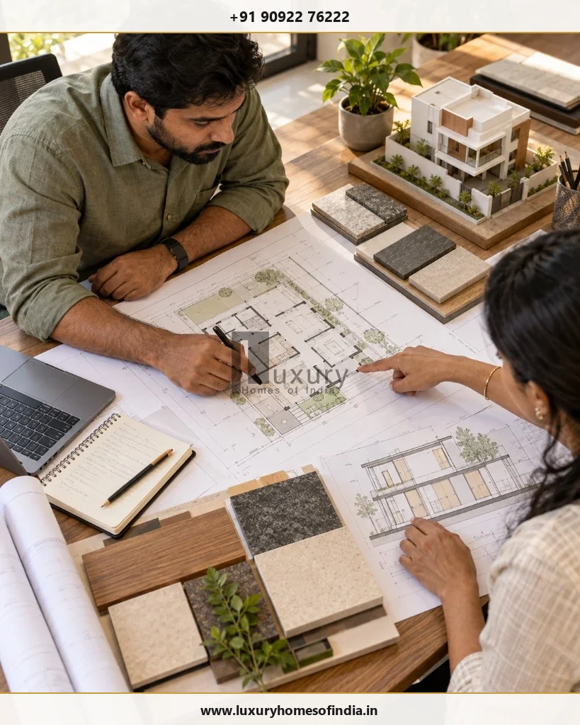 Architectural drawings and material samples reviewed together before construction
