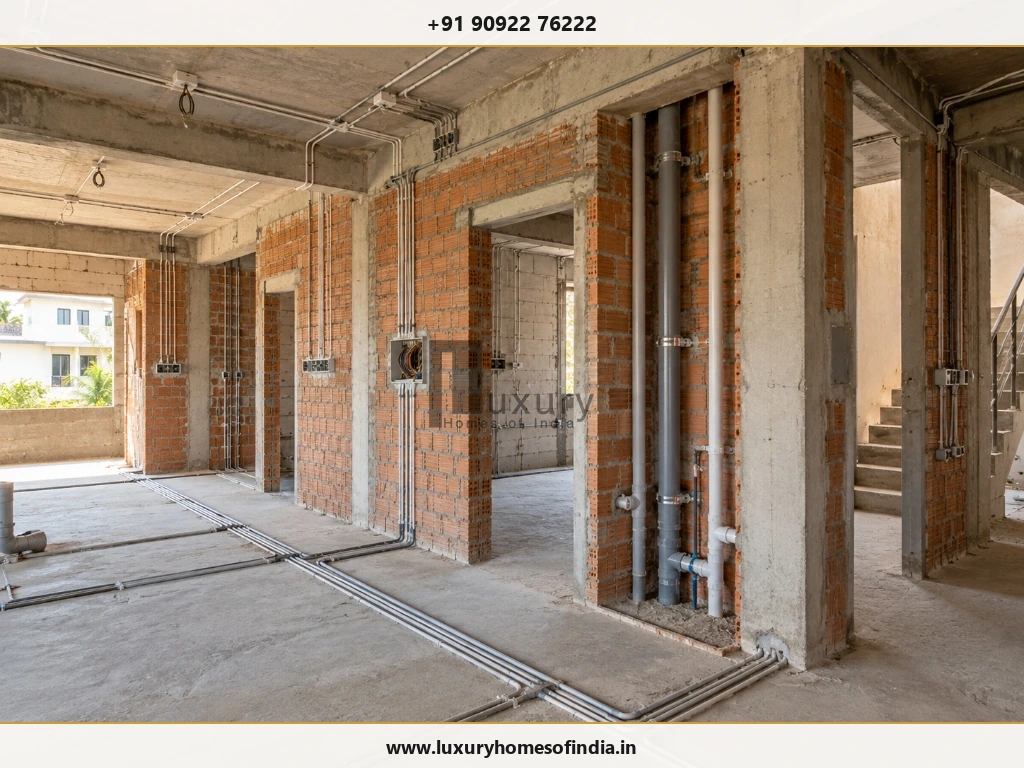 A realistic residential construction site showing coordinated service and finishing preparation