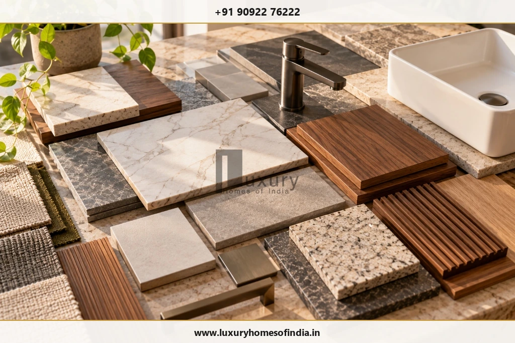 Flooring, joinery and finish samples arranged as a project selection board
