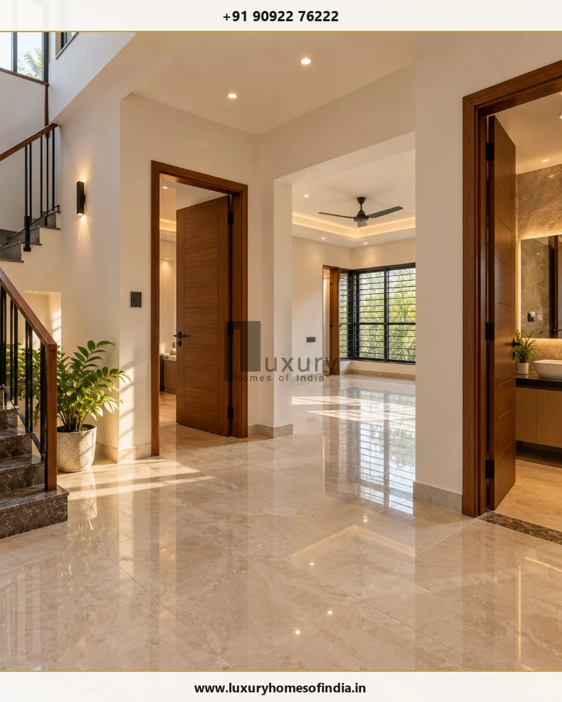 Two-level connected duplex living space with internal staircase, polished marble flooring and timber joinery