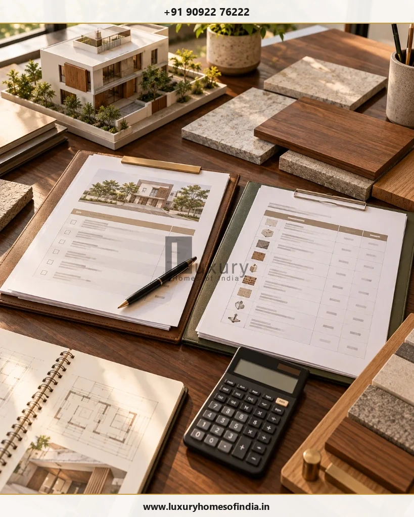 Construction contract clipboards with checklists, material samples, and scale model villa on table