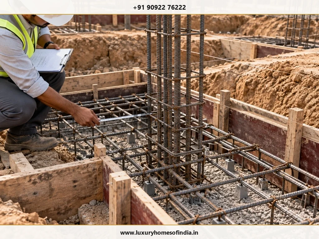 Structural engineer inspecting footing reinforcement mesh, column starter rebar and formwork on a Chennai construction site