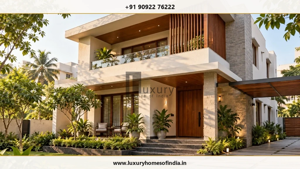 Contemporary Chennai luxury independent home showing completed construction outcome with landscaped garden and driveway