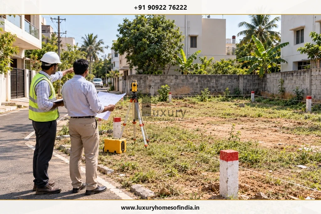 Surveyor and architect reviewing plot boundaries, road access and site dimensions on an Indian residential property
