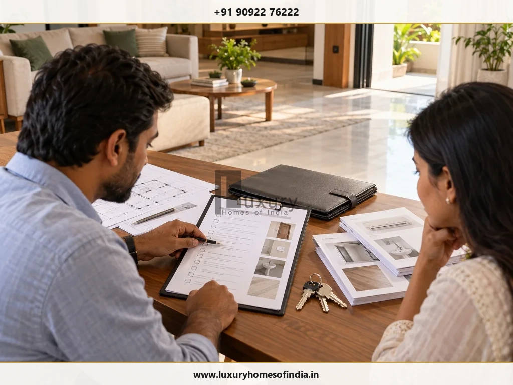 Homeowner and contractor reviewing handover checklist, keys, and warranty documentation