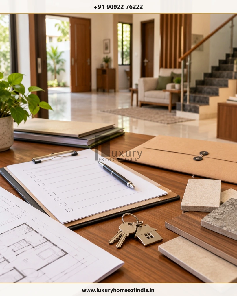 A documented handover inspection checklist beside residential finish samples and a schedule of outstanding items