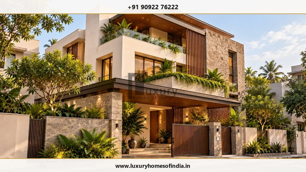 Contemporary luxury residence in Chennai with stone cladding, entrance court, and tropical landscaping