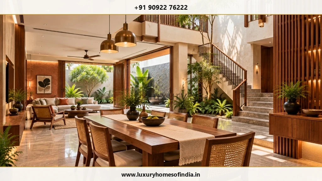 Contemporary South Indian living room connecting architecture, natural materials, dining space, floating staircase, and courtyard garden