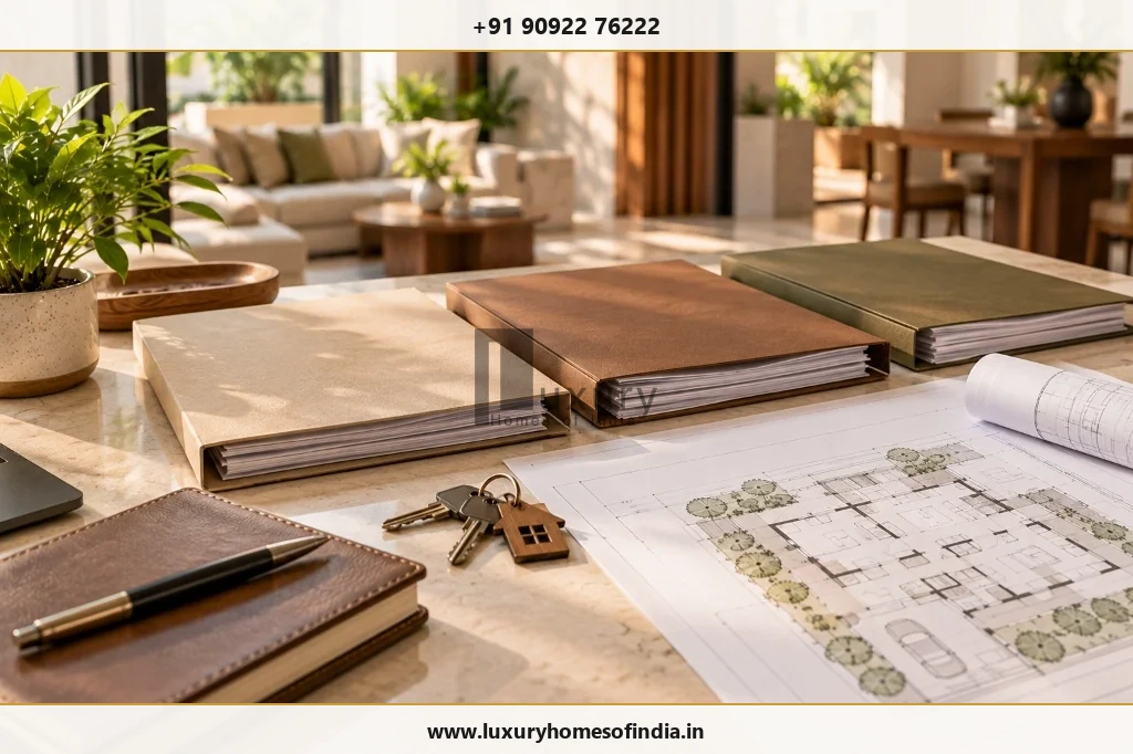 Home handover keys, blueprint floor plans, and completed approval binders on marble table