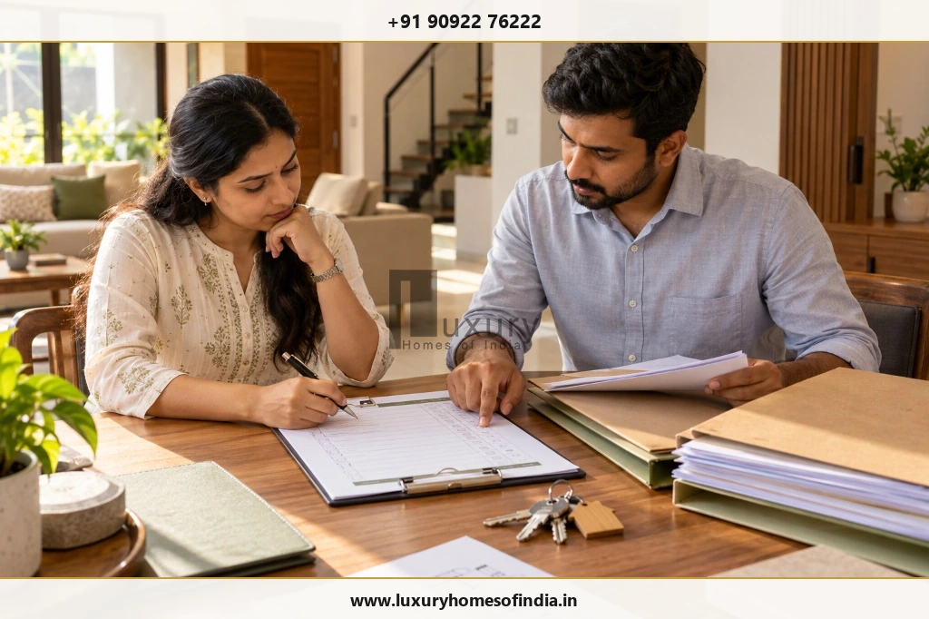 Homeowners thoroughly reviewing builder construction agreement terms, milestones, and documentation before signing.