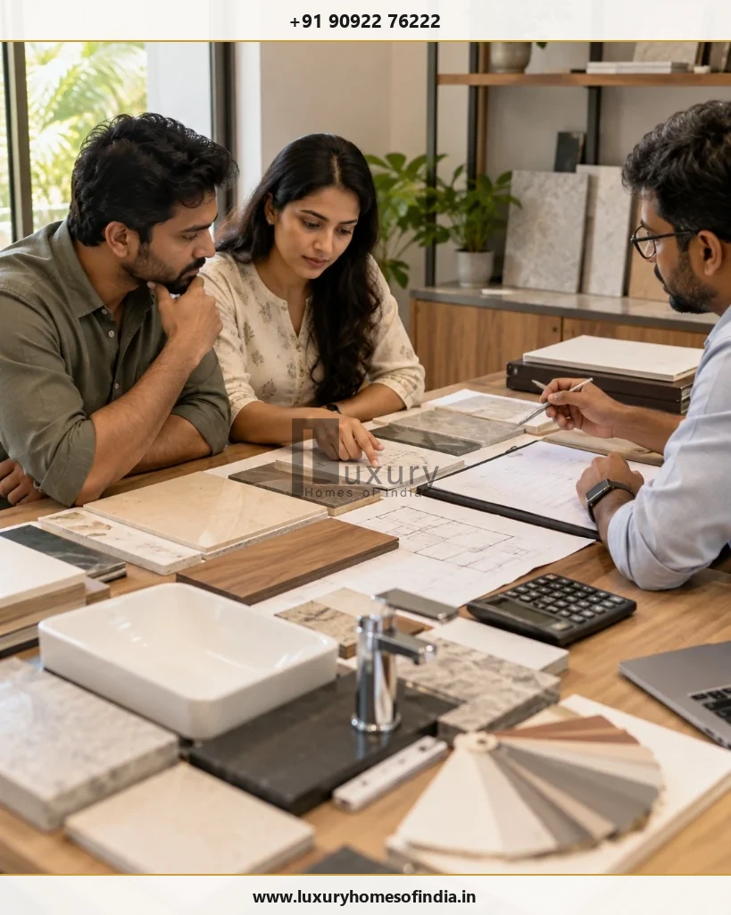 Homeowner comparing written material specifications, tile samples, and quotation inclusions with an architect
