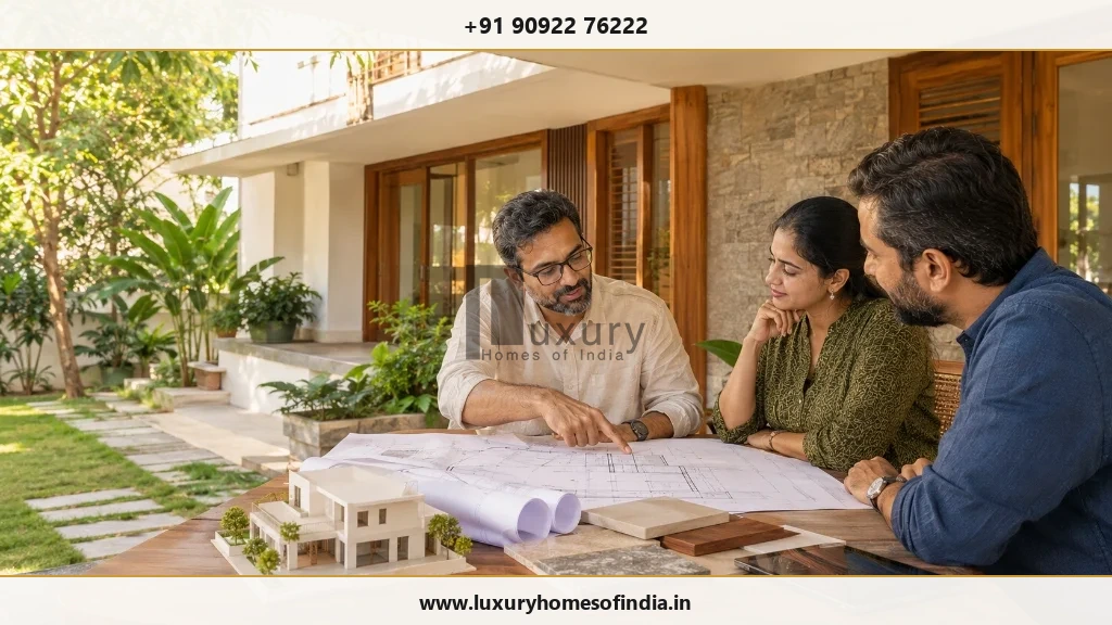 A homeowner reviewing drawings, a bill of quantities and a construction agreement with a professional