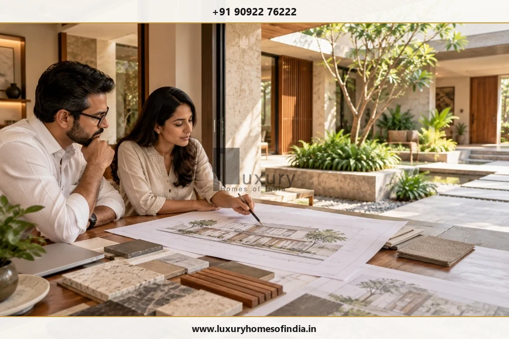 Homeowner and design consultant evaluating a residential elevation sketch and physical material palette before construction decisions are finalised.