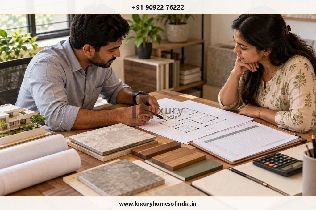 A homeowner and construction professional reviewing a BOQ, material allowances and an itemised budget at a desk
