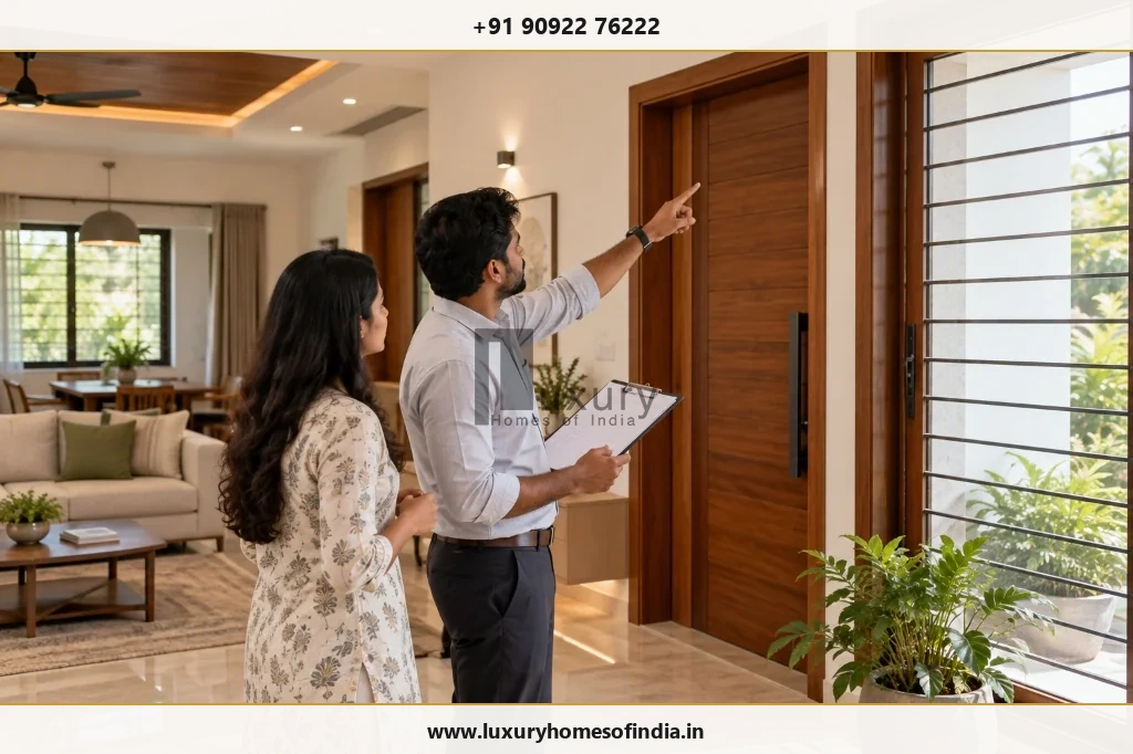 Homeowner and engineer conducting systematic pre-handover inspection and snagging audit in a newly built Chennai luxury residence