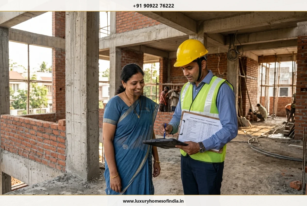 Indian homeowner and site engineer reviewing construction progress against a printed payment milestone checklist inside a villa under construction