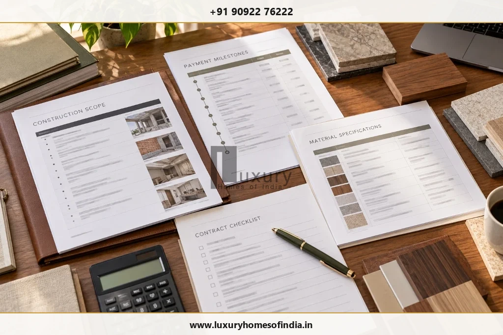 Signed off construction scope, payment milestones and contract checklist documents on an architect's desk with calculator and material samples