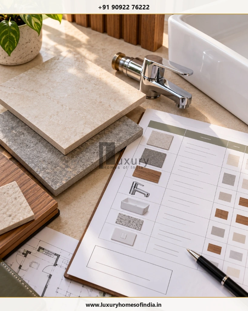Detailed material specification schedule with architectural finish samples including stone, tile, timber, and plumbing fittings.