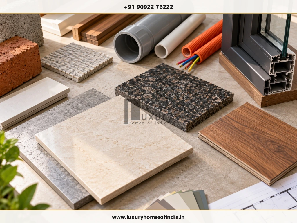 Collection of house building materials including blocks, bricks, stone tiles, UPVC window profile, plumbing pipes, and electrical conduits.