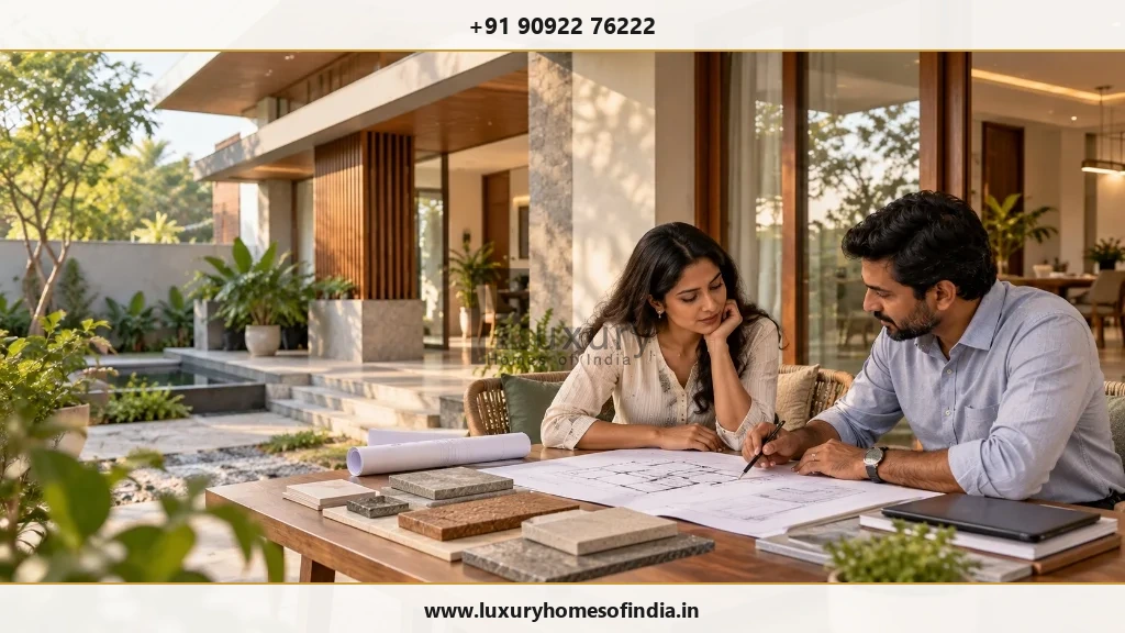 A Chennai homeowner and architect reviewing a custom home design beside a contemporary Indian residence