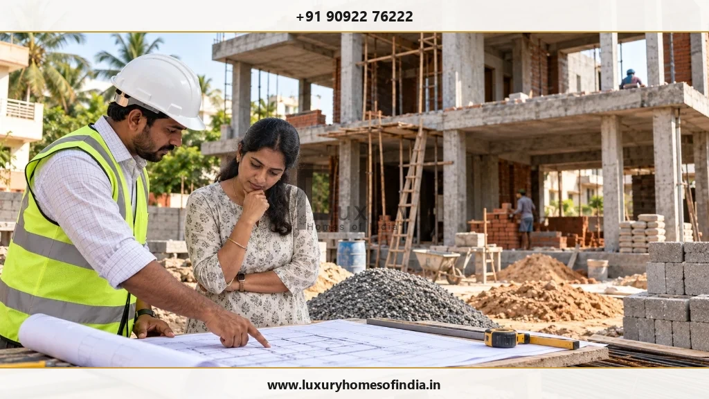 Homeowner and site professional reviewing residential construction progress plan at active house building site