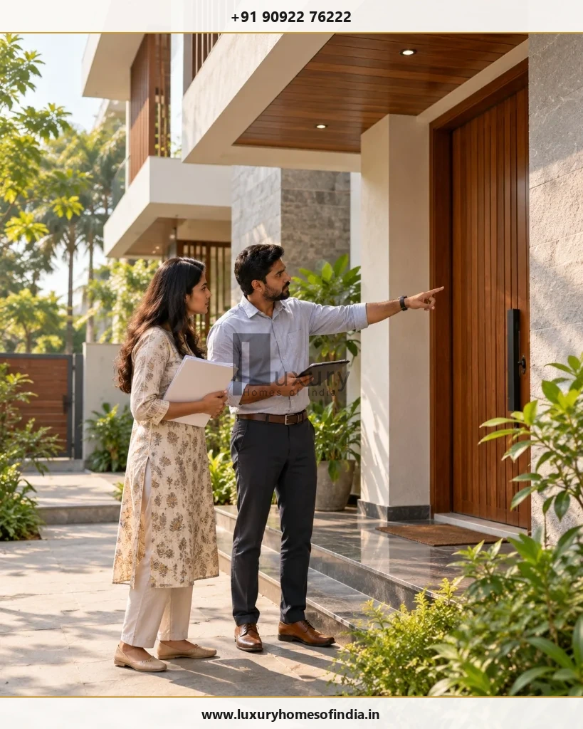 Inspecting finished luxury villa entrance detailing, teak woodwork, and architectural finishes