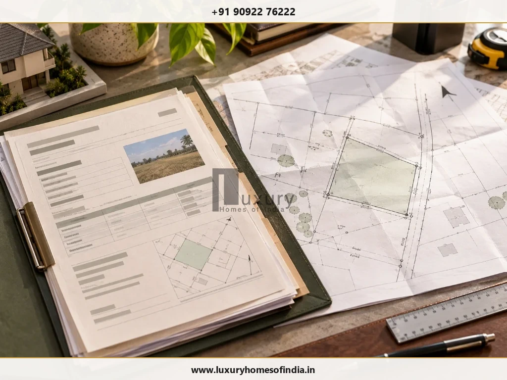 Conceptual integrated land record binder with FMB map, survey sketch, calculator, pen, and blueprint