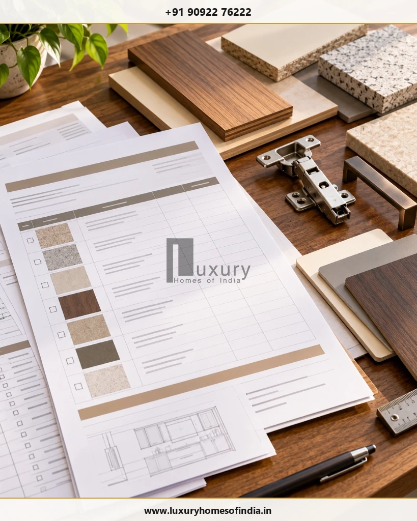 Material schedule and itemised interior quotation alongside finish samples and architectural joinery drawings.