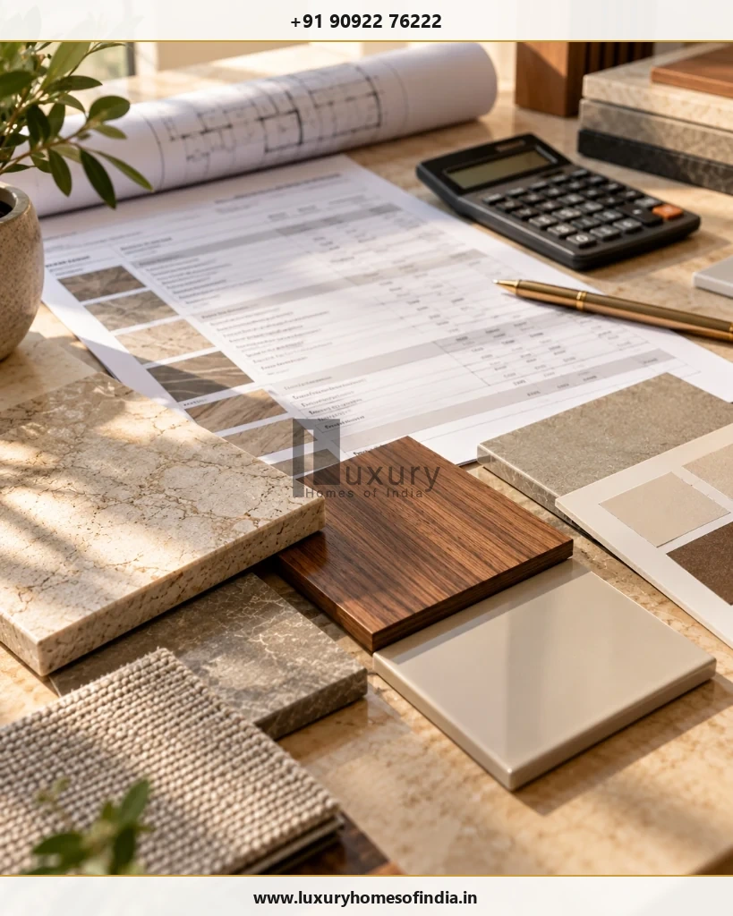 Reviewing an itemised luxury home construction estimate, calculator, architectural drawings, and material selection samples.