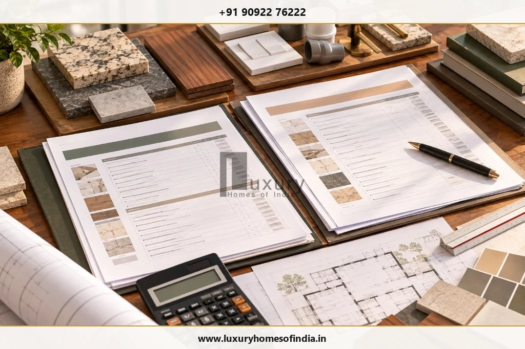 Itemised construction quotation and scope checklist binders on desk with calculator and material samples