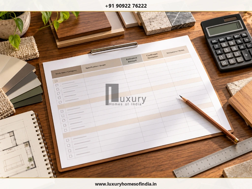 Itemised home interior budget planning worksheet showing work categories, estimated amounts, and exclusion notes.