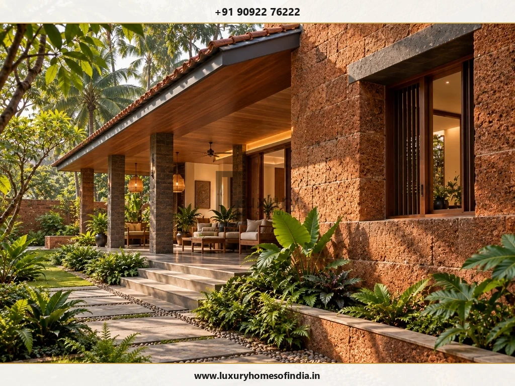 Natural red laterite stone villa architecture with shaded veranda and lush garden landscape