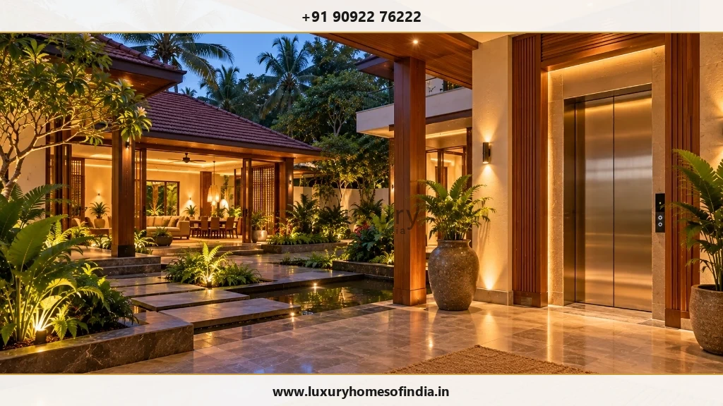 Kerala-inspired courtyard residence with a contemporary elevator landing, tropical planting and evening architectural lighting