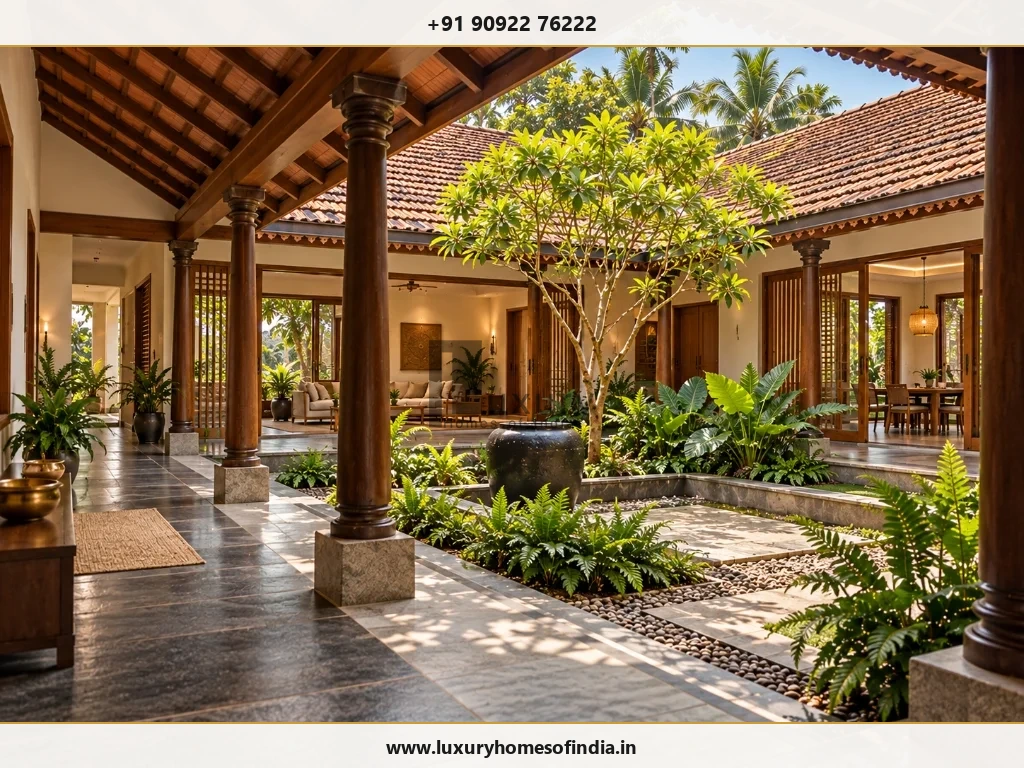 Kerala courtyard style luxury villa with wooden pillars and natural slate flooring