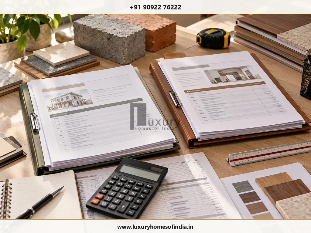 Homeowner reviewing two itemised construction quotations comparing labour contract against material contract