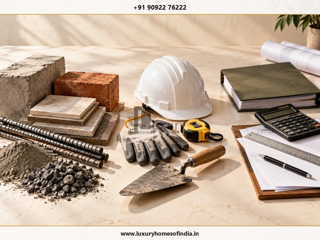 Visual comparison of house construction materials, labour tools, and budget estimation elements.