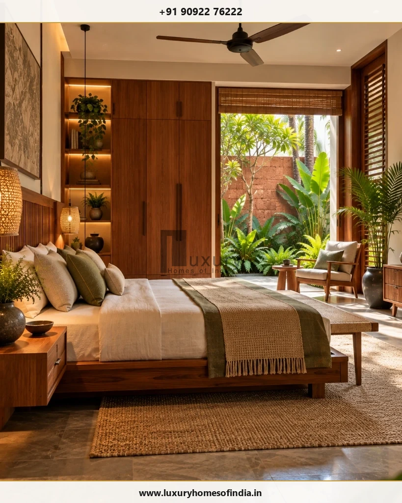 Luxury bedroom suite in Chennai with custom teak wardrobe, ambient lamps, and private courtyard garden views