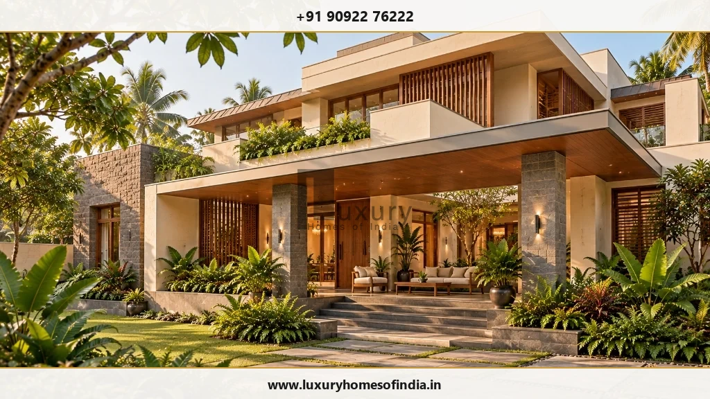 Contemporary luxury home in Chennai designed by architects with shaded entrance and tropical landscaping