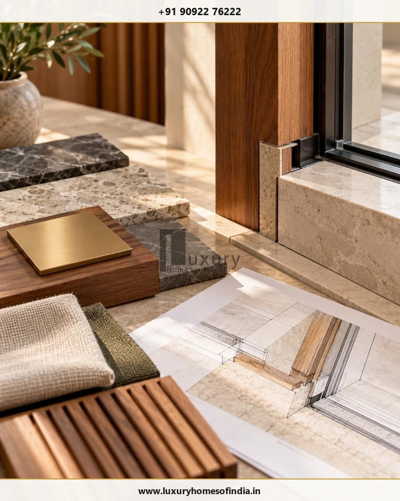 Close-up of coordinated architectural finish samples, teak timber joinery sections, brass hardware, and threshold detailing for a luxury residence.
