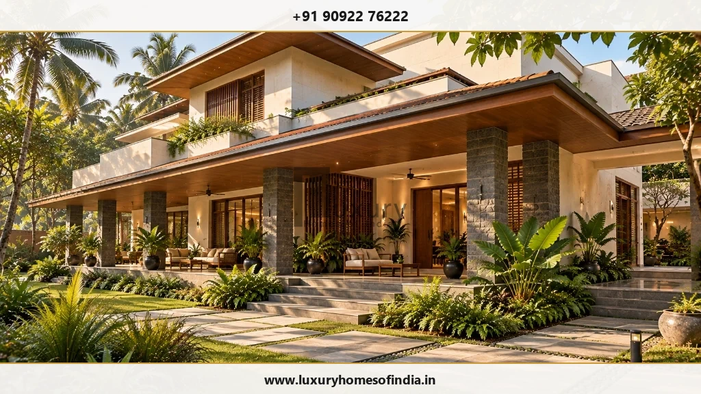 Contemporary South Indian luxury home architecture in Chennai featuring shaded verandahs and tropical gardens