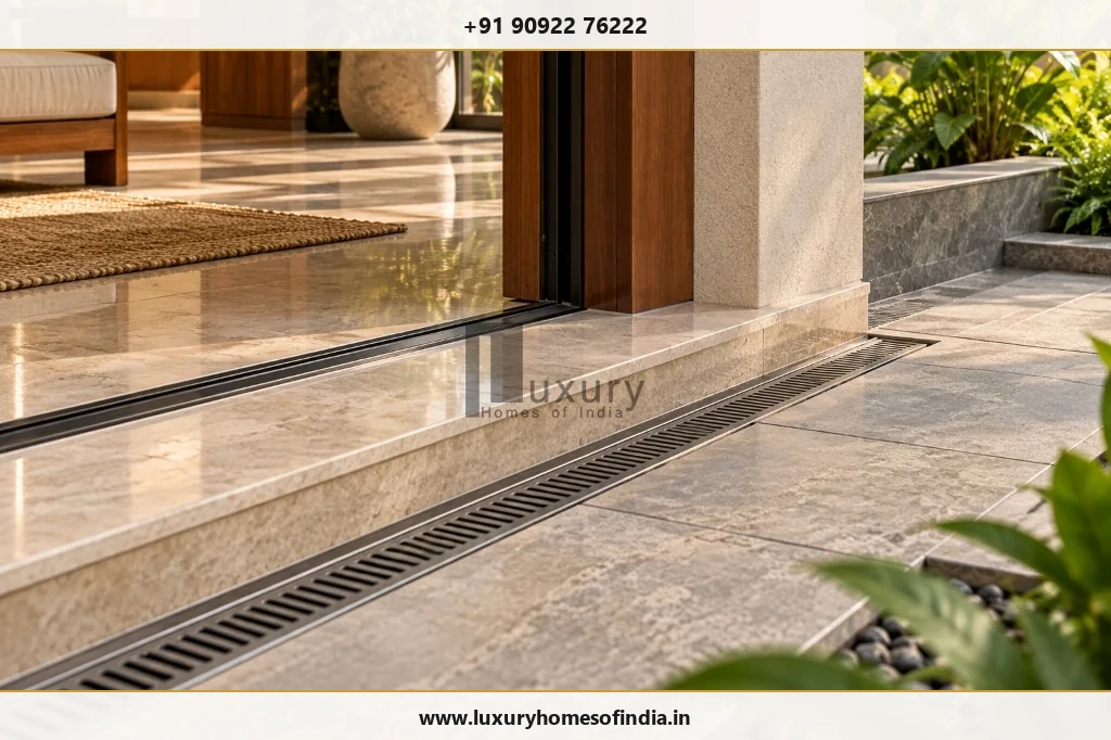 A realistic, unoccupied residential construction detail showing coordinated waterproofing, drainage and finished-material interfaces