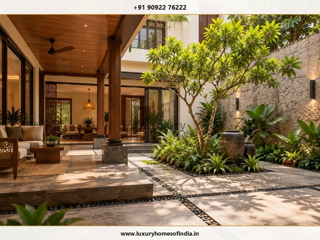 Courtyard verandah with polished marble tiles, wooden pillars, potted plants, and stone feature wall