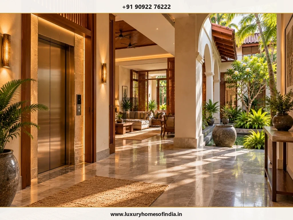South Indian contemporary Chennai villa with an integrated residential elevator zone