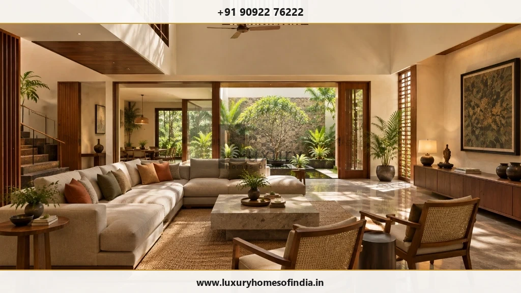 Contemporary South Indian villa living room with filtered daylight, double-height volume, sectional sofa, and courtyard garden view