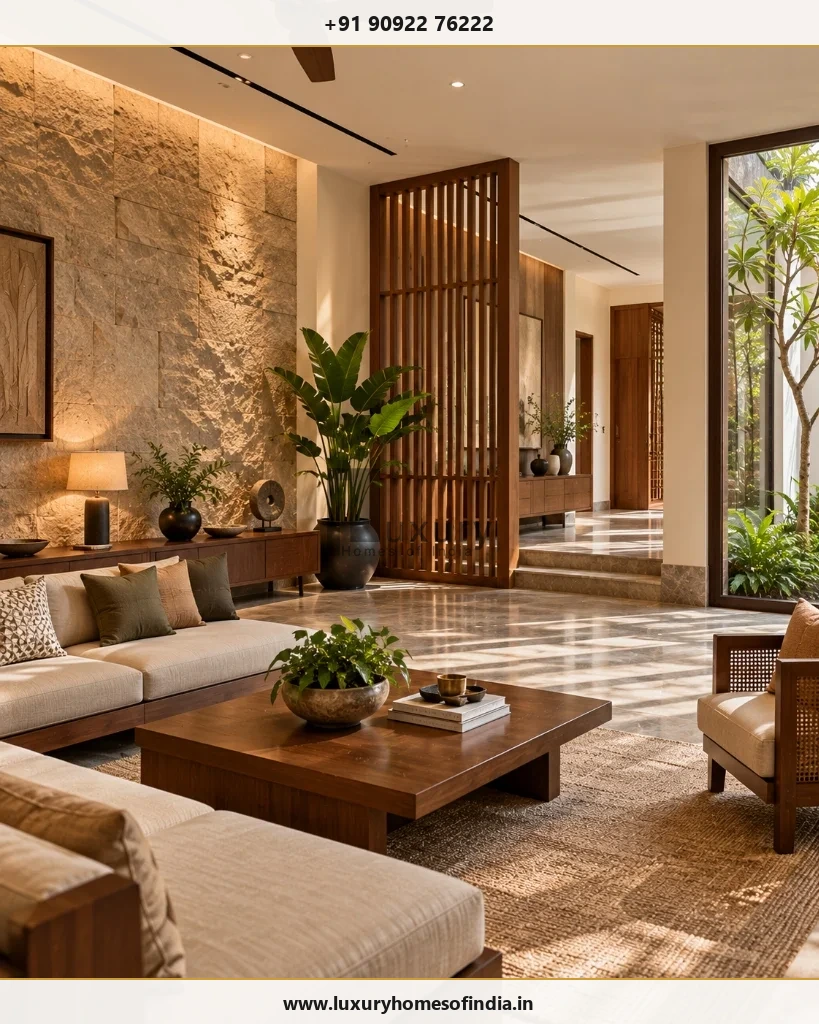 Luxury interior living room with textured stone accent wall and custom teak joinery divider