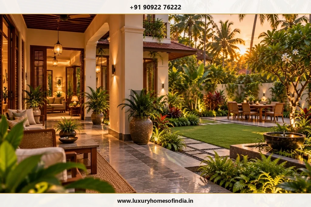 Contemporary Chennai villa with integrated tropical garden and shaded outdoor seating