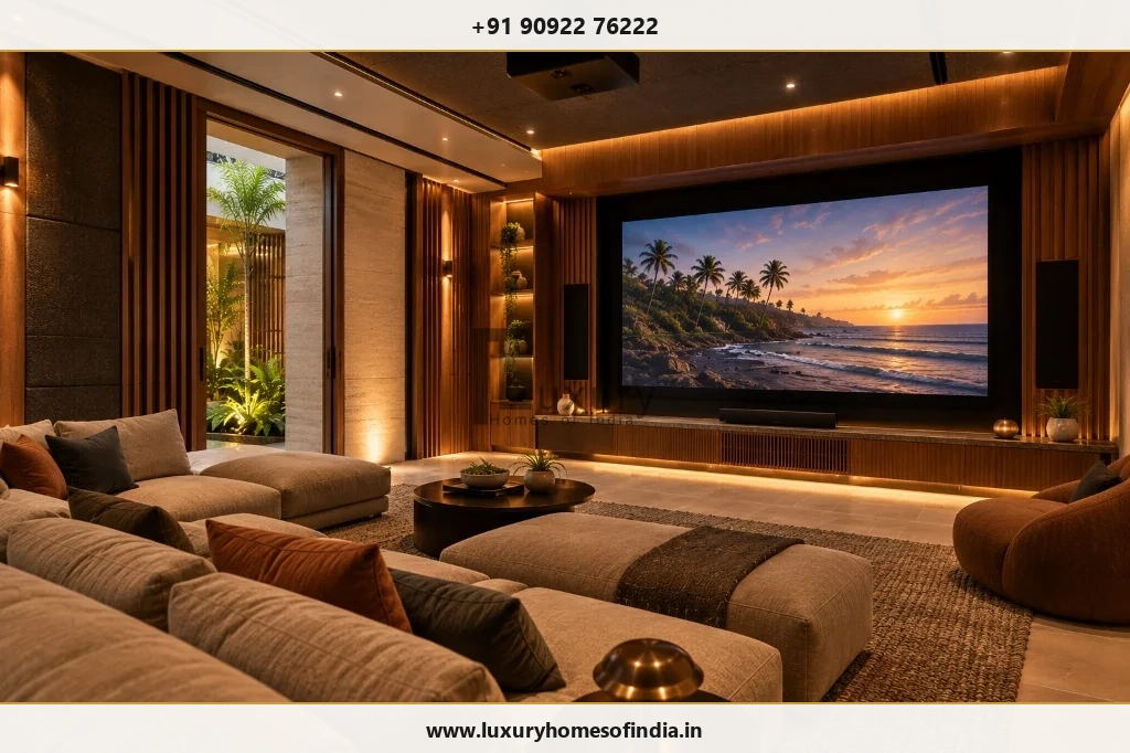 South Indian contemporary luxury home theatre integrated into a Chennai residence