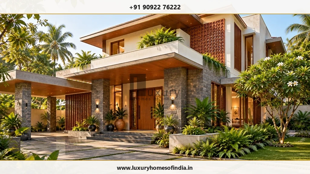 Contemporary South Indian luxury residence with a distinctive shaded entrance in Chennai