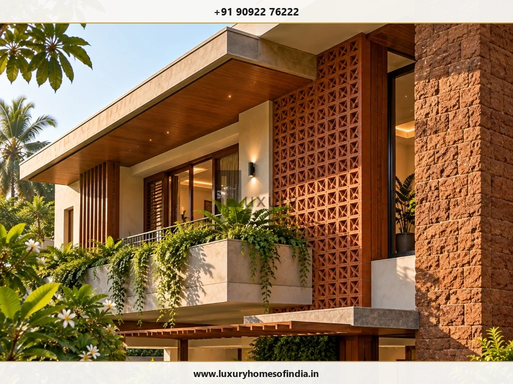 Exterior façade detail showing terracotta jaali screen wall, rustic stone cladding and planter balconies